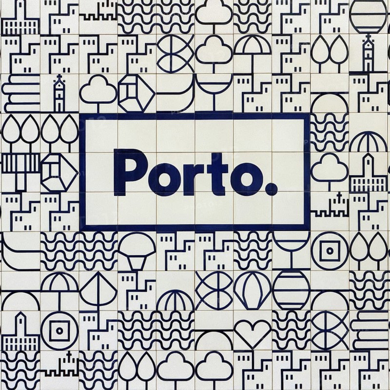 The visual identity logo of the city of Porto, a stylized illustration with blue lines against a white background designed by Studio Eduardo Aires, reminiscent of azulejo tiles