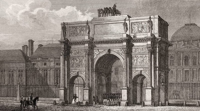 The Arc de Triomphe du Carrousel, Paris, antique steel engraved print, 1831