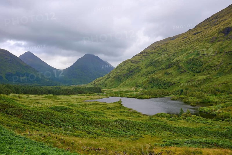 Green valley with small lakes and surrounding mountains under a cloudy sky, Loch Etive, Argyll and Bute, Scotland, United Kingdom, Great Britain