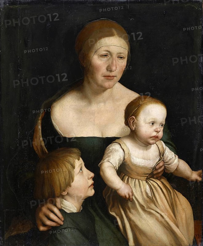 Portrait of the Artist's Wife with the Two Eldest Children (ca. 1528-1529) by Hans Holbein is an important work of the German Renaissance, which is kept in the art museum Basel. It shows Elsbeth Holbein with Philipp and Katherina, painted shortly after Holbein's return from England, authentic reproduction of a work of art, painting, drawing by Hans Holbein the Elder (born 1465 in Augsburg, died 1524 in Basel or Isenheim), German Renaissance painter, historical