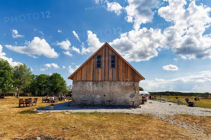 Former barn, café with terrace in a meadow, Fårö island, Gotland, Baltic Sea, Sweden