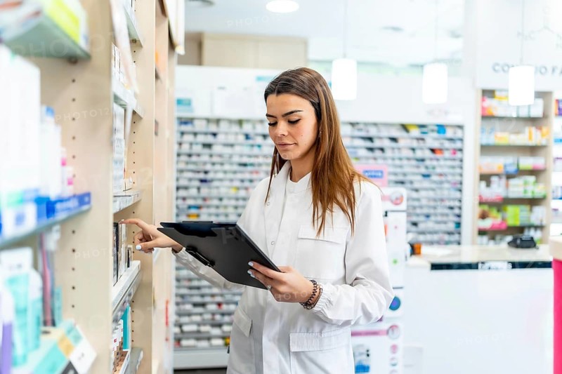 Female pharmacist wearing a white coat, holding a clipboard and pen, checking medication inventory on modern pharmacy shelves, ensuring accurate stock levels for patients