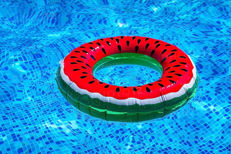 A bright ring-a float, with a watermelon, in the clear blue water of the pool, under the sunlight