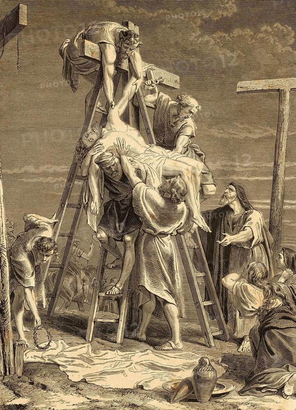 Joseph of Arimathea, disciple of Jesus, takes Jesus from the cross, chapter 19, verse 38, Gospel of John, New Testament, Jesus' crucifixion, death, corpse, wooden cross, Jews, fear, Nicodemus, Marrhe, aloes, ladder, crown of thorns, linen cloth, helper, redeem, Bible, historical illustration 1850