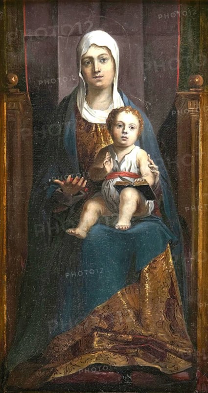 Madonna and Child, painting by David Teniers (baptised 15 December 1610 in Antwerp, died 25 April 1690 in Brussels), Flemish painter, draughtsman and curator. He was an innovator in a variety of genres such as history painting, genre painting, landscape, portrait and still life. He is most remembered today as the leading Flemish genre painter of his time, reproduction from a 17th century painting. Authentic, file restored for optimal use, exact date of original unknown