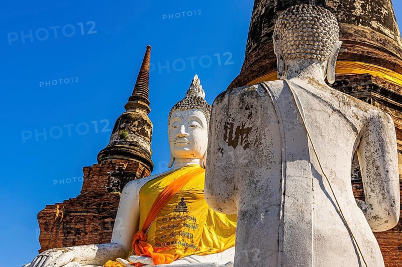Stone Buddha statues, historic Buddhist temple complex, Ayutthaya, Thailand