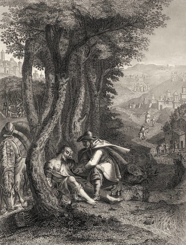 Parable of the Good Samaritan, New Testament, steel engraving 1853, digitally restored