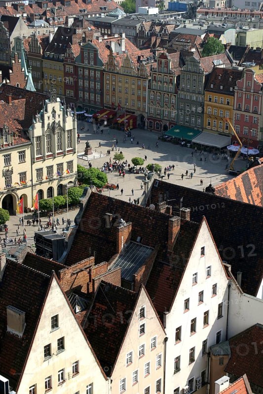 Wroclaw, POL, 30.04.2004 - View from the Elizabeth Church observation tower to the town hall on the market square in Wroclaw, Poland, Poland