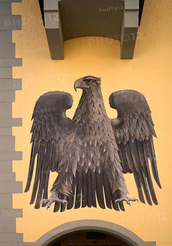 Facade painting, eagle on house wall, old town, Wangen im Allgäu, Bavaria, Germany