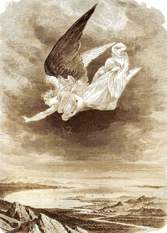 The angel with the eternal Gospel to proclaim it to all pagans, families, languages and peoples, the revelation of the Apostle John, chapter 14, verse 6, New Testament, flying, view from above, earth, water, land, mountains, Bible, historical illustration 1850