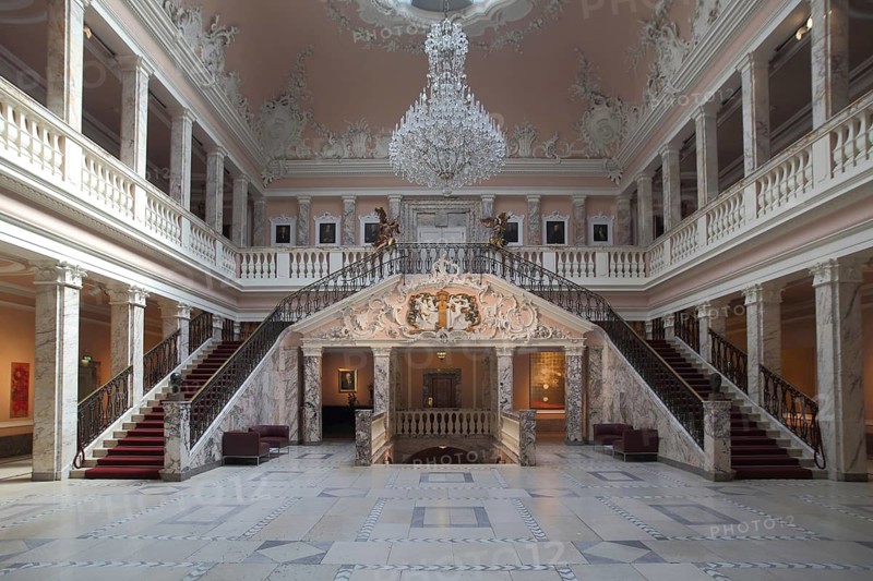 Classicist magnificent marble hall of the Henkell sparkling wine cellar, chandelier, interior view, decorations, staircase, gallery, Biebrich, Wiesbaden, Taunus, Hesse, Germany