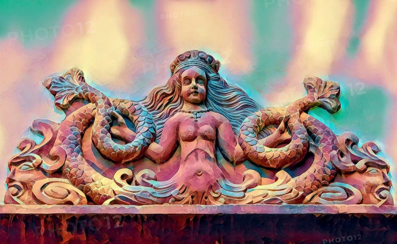 Mythological Mermaid Creature, wall decoration, Welf Castle of Herzberg, Herzberg am Harz, district of Göttingen, Lower Saxony, Germany, digitally edited