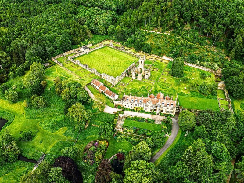 Mount Grace Priory, House and Gardens from a drone, East Harlsey, North Yorkshire, England, United Kingdom