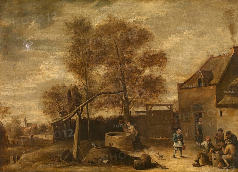 On the Farm, painting by David Teniers (baptised 15 December 1610 in Antwerp, died 25 April 1690 in Brussels), Flemish painter, draughtsman and curator. He was an innovator in a variety of genres such as history painting, genre painting, landscape, portrait and still life. He is most remembered today as the leading Flemish genre painter of his time, reproduction from a 17th century painting. Authentic, file restored for optimal use, exact date of original unknown