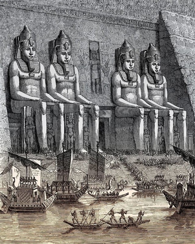 Ancient Egyptian ships, Abu Simbel temple, drawing from the 19th century