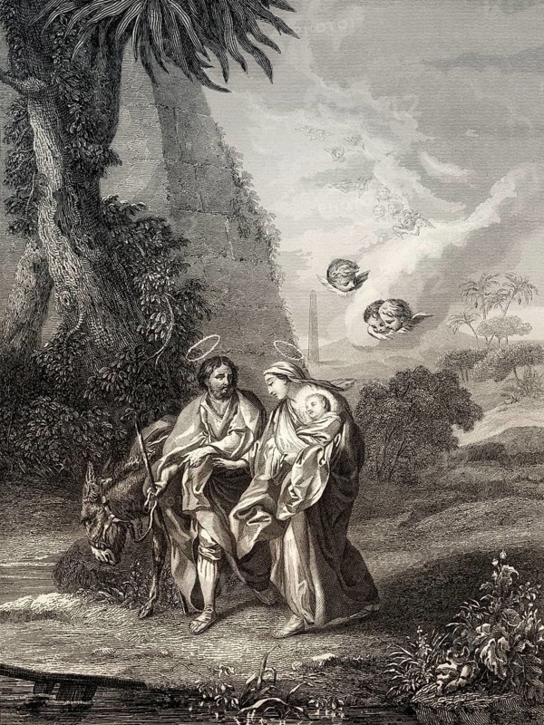 The flight to egypt, steel engraving, 1853, digitally restored