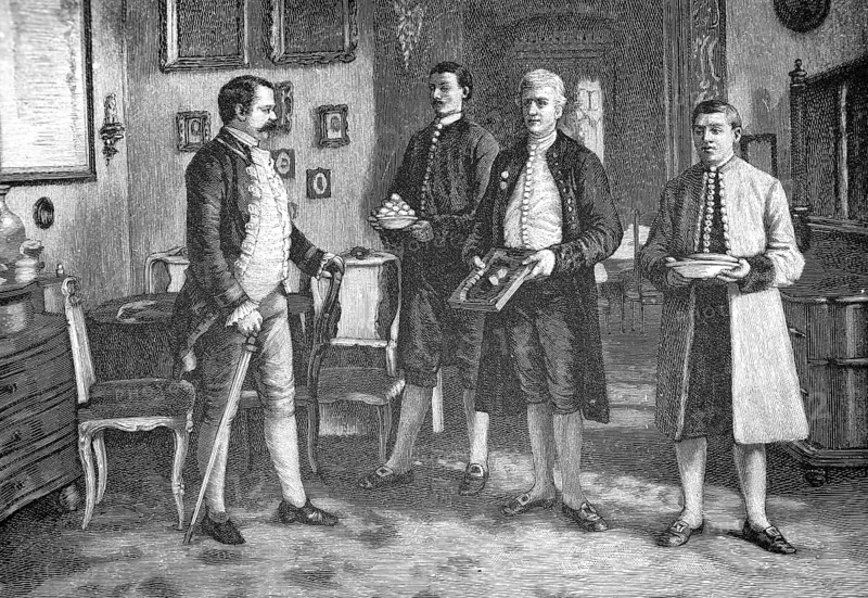 The Halloren in their traditional traditional costume in Halle an der Saale bring eggs, sausage and salt to their Pfänner for the New Year, Salzwirer-Brüderschaft im Thale zu Halle, 1890, Germany, illustration, reproduction from a model from the 19th century. Authentic, file restored for optimal use, exact date of submission unknown, historical