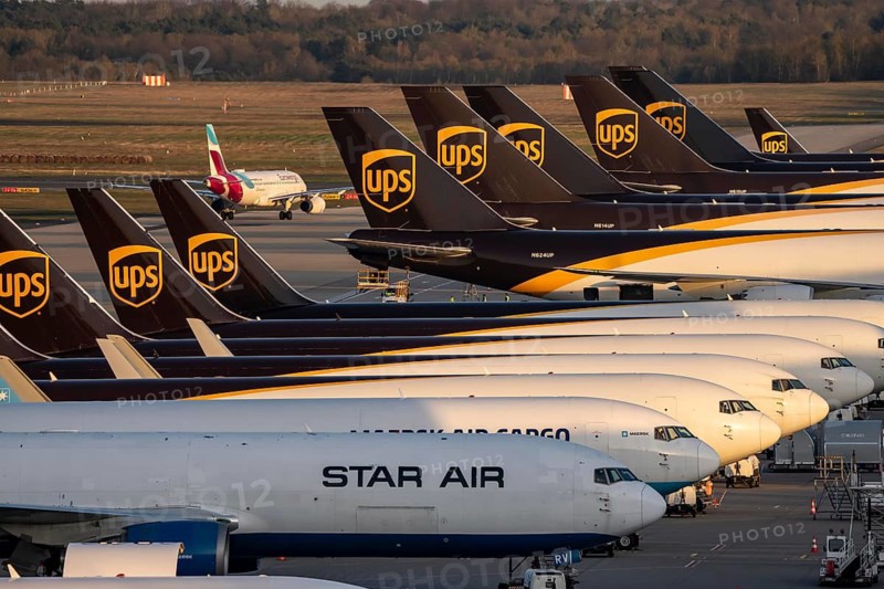 Cologne-Bonn airport, CGN, air freight center, UPS Logisic Hub, UPS cargo aircraft on the apron, Star Air Cargo aircraft, Maersk, at the logistics center, Eurowings Airbus rolls to takeoff