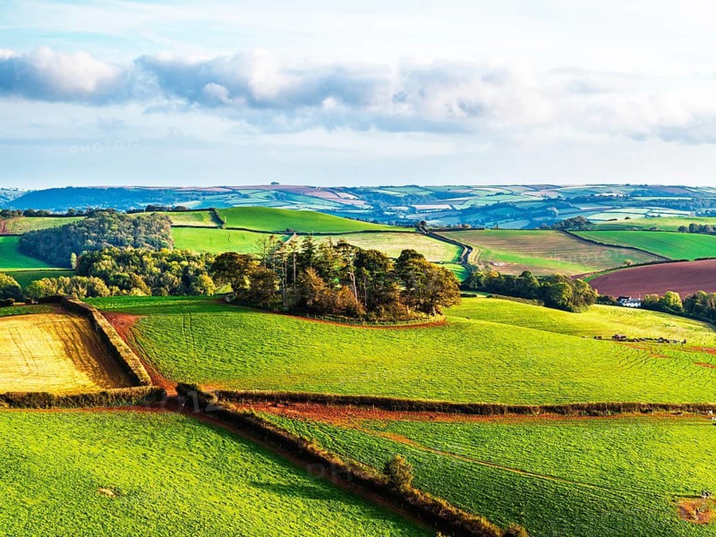 Colours of Devon Farms and Fields over Berry Pomeroy from a drone, Totnes, England, United Kingdom