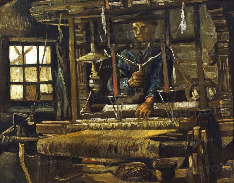A Weaver's Cottage (1884), Painting by Vincent Willem van Gogh (born 30 March 1853 in Groot-Zundert, died 29 July 1890 in Auvers-sur-Oise), Dutch painter and draughtsman, one of the founders of modern painting, Illustration, Reproduction from a painting. Authentic, exact date of the original unknown, Historical, A weaver works at a loom in a dark workshop with realistic details