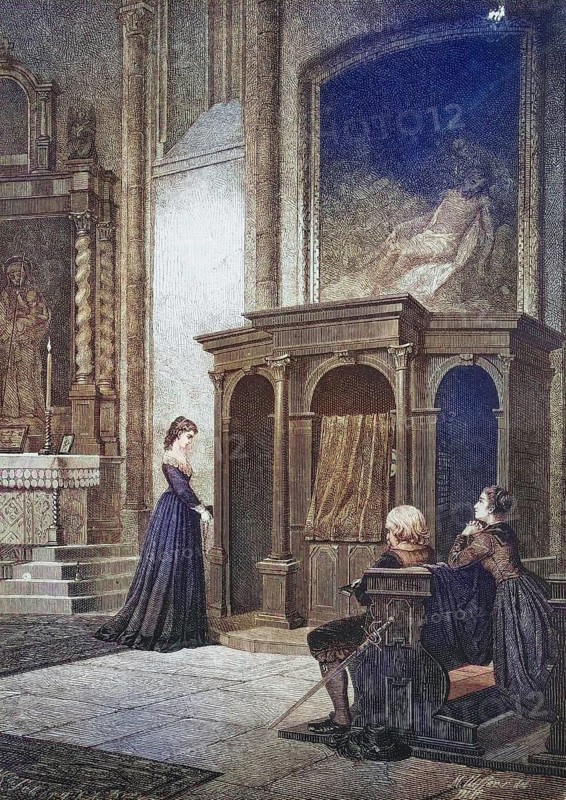 Going to Confession, Woman Walking Towards a Confessional, c. 1878, Germany, Historic, digitally restored reproduction of a 19th century original
