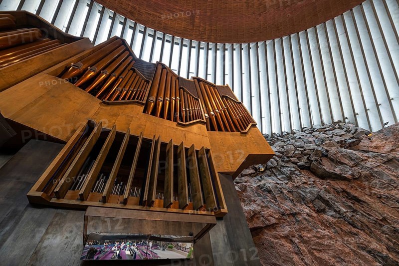 Organ by Veikko Virtanen, Temppeliaukio Church (Finnish: Temppeliaukion kirkko, Swedish: Tempelplatsens kyrka), modern rock church, architects Timo and Tuomo Suomalainen, Etu-Töölö district, Helsinki