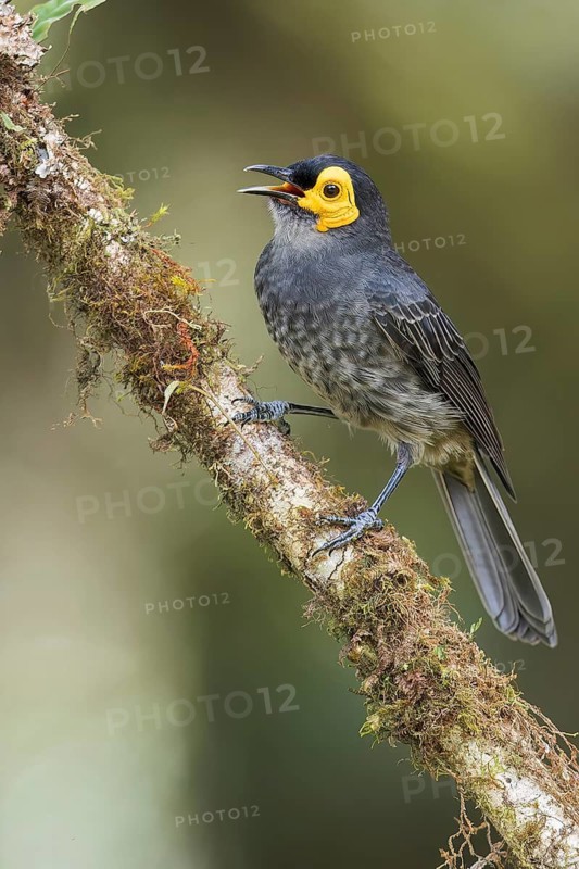 Common Smoky Honeyeater (Melipotes fumigatus) perched on a branch in Papua New Guinea