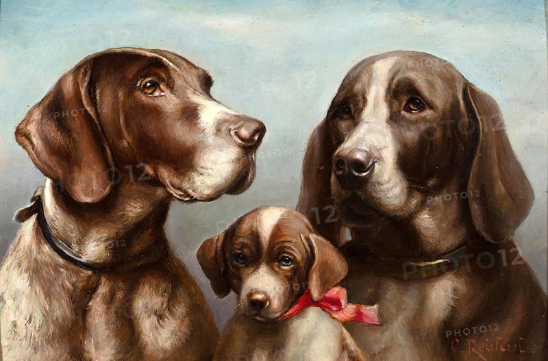 Carl Reichert, Karl Reichert, pseudonym J. Hartung (born 27 August 1836 in Vienna, died 5 April 1918 in Graz) . Austrian painter, especially landscape painter and animal painter. Here his work:, Family of German Shorthaired Pointers, Group of German Shorthaired Hounds, consisting of two adult animals and a puppy with a red ribbon, Painting, Reproduction of the painting, Work of art, Historical