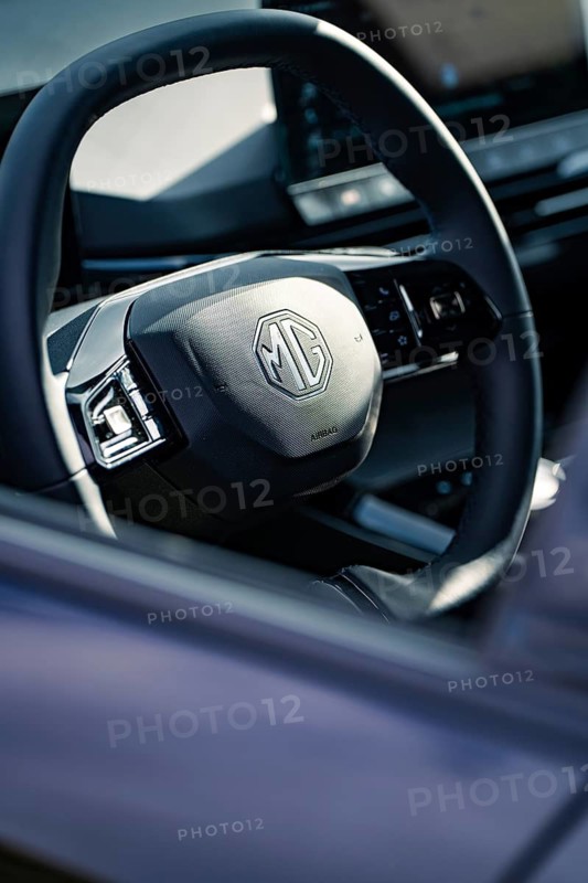 Close-up of a steering wheel with MG logo in a modern vehicle interior, e-car sharing, Deer Mobility, MG4, Calw, Germany