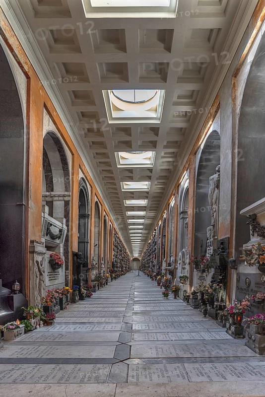 Covered tombs at the Monumental Cemetery, Cimitero monumentale di Staglieno), Genoa, Italy