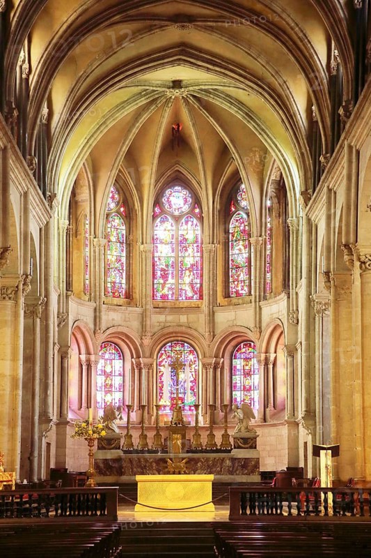 Interior view of the Romanesque Saint-Jean Cathedral, colorful stained-glass windows, handicrafts, stained glass, St. John's Church, Besançon, Doubs, France