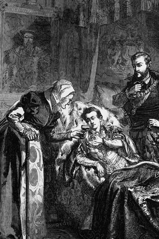 The last doctor who attended King Edward VI in front of his death on 6 July 1553, England, digital reproduction of a historical model