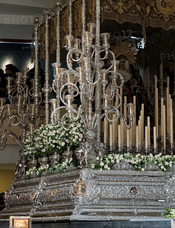 Trono in front of the procession, procession table, close-up, Brotherhood, Real Hermandad de nuestro Padre Jesus del Santo Sepulcro y nuestra Senora de la Soledad, Malaga, Spain