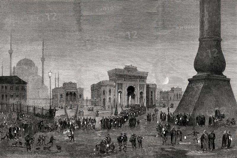Illuminated Beyazit Square in honor of the constitution 23. december 1876, Constantinople, Ottoman Empire
