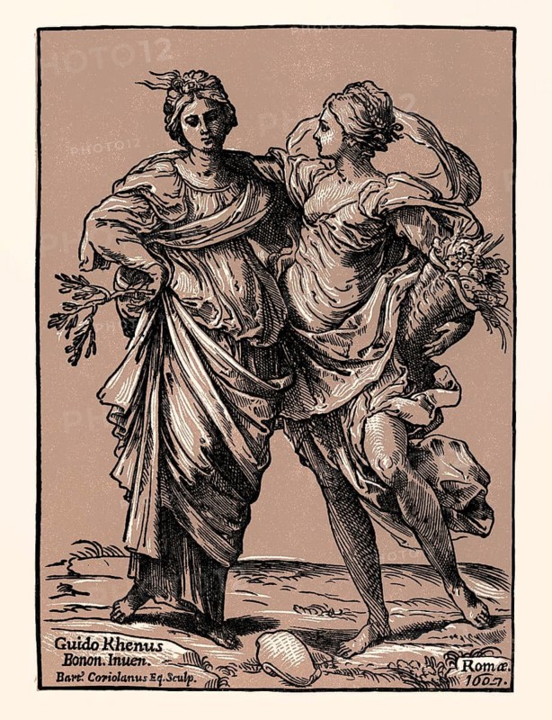 The alliance of peace and abundance, 1627, Bartolommeo Coriolano, after Guido Reni, digitally restored