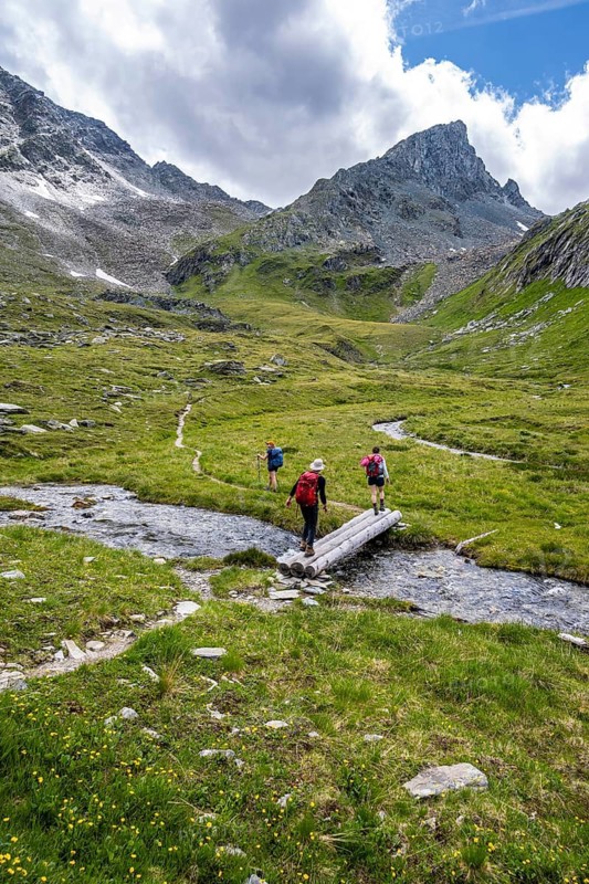 Hiker on hiking trail, stream with bridge, Lasörling Höhenweg, Lasörling Group, Hohe Tauern National Park, East Tyrol, Tyrol, Austria