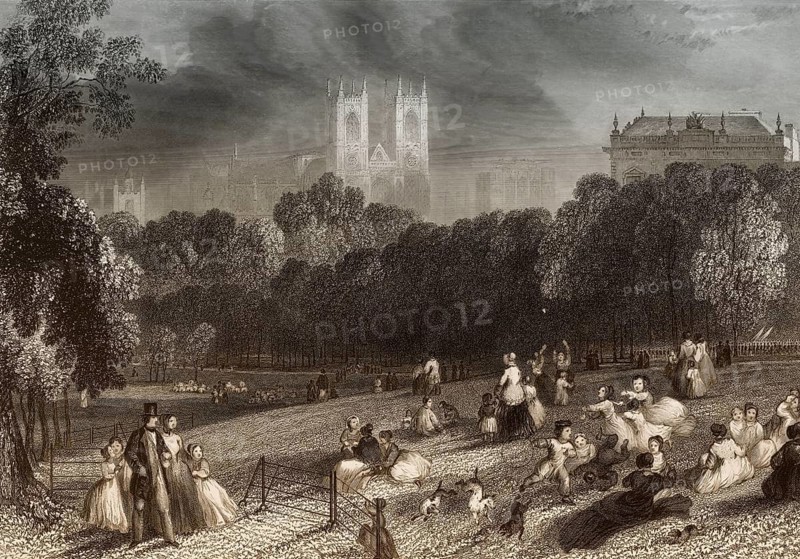 St James's Park, Buckingham Palace, Westminster Abbey, London, England, after Thomas Harvey, ca. 1800