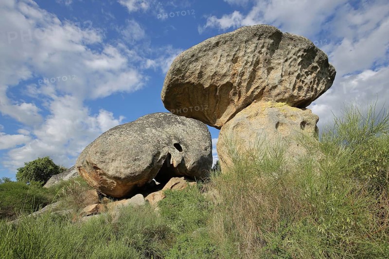 Rock formations with mushrooms, mushroom-shaped rock landscape, porcini mushroom, erosion, Los Barruecos, Malpartida de Caceres, Caceres, Extremadura, Spain