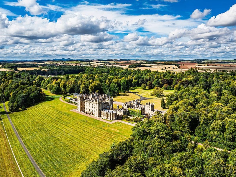 Floors Castle and garden from a drone, Duke of Roxburghe, Roxburghshire, Scotland, UK
