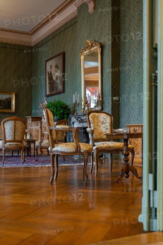 Elegant room with classic furniture and green wallpaper, creates a cosy atmosphere, Switzerland