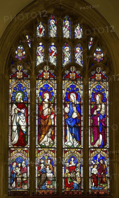 Stained glass window Virgin Mary, Annunciation angel, Saints Mary Magdalene and Elizabeth, church of Saint Peter, Sudbury, Suffolk, England, UK by J Hardman c 1852