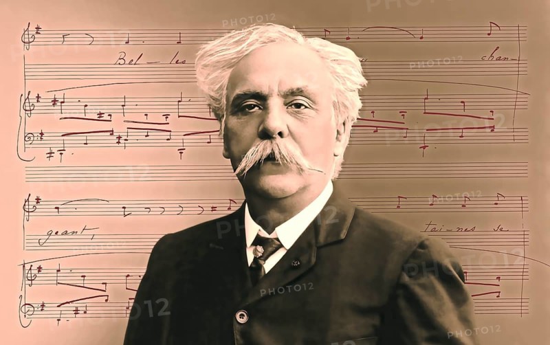 Portrait of Gabriel Fauré, 1845-1924, French composer, digitally edited according to a photograph by Pierre Petit, 1905, notesheet from Arpège, op. 76, no. 2, 1897, song with piano accompaniment, text by Albert Samain