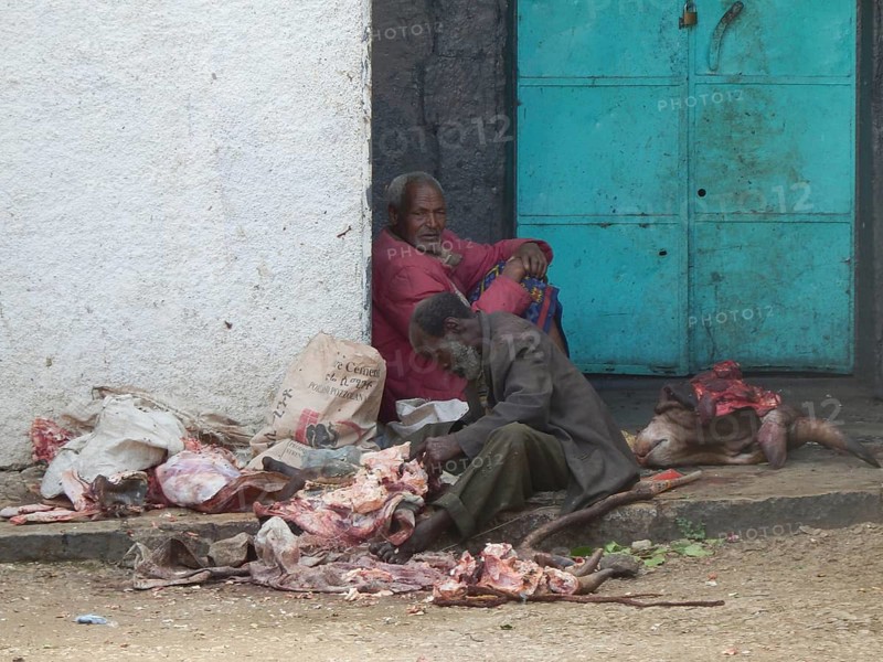 Two men cut up a cow (bos), meat and offal at the roadside in a central square in Harar, Ethiopia
