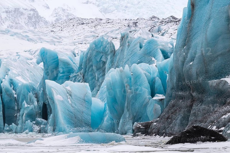 Glacier lagoon, frozen glacial lake, glacier ice, mountain, snow, winter, Svinafellsjökull, Breiðamerkurjökull, Vatnajökull, Iceland, Scandinavia