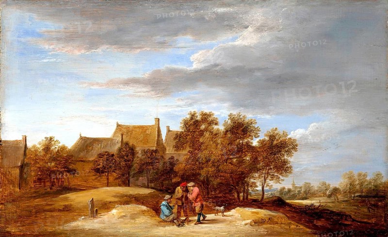 By the wayside (1645), painting by David Teniers (baptised 15 December 1610 in Antwerp, died 25 April 1690 in Brussels), Flemish painter, draughtsman and curator. He was an innovator in a variety of genres such as history painting, genre painting, landscape, portrait and still life. He is most remembered today as the leading Flemish genre painter of his time, reproduction from a 17th century painting. Authentic, file restored for optimal use, exact date of original unknown
