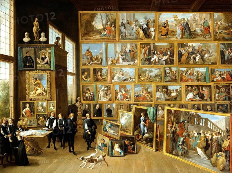 Archduke Leopold Wilhelm in his gallery in Brussels, Archduke Leopold Wilhelm of Austria (born 5 January 1614 in Wiener Neustadt, died 20 November 1662 in Vienna), Austrian prince-bishop, governor of the Spanish Netherlands and general, painting by David Teniers (baptised 15 December 1610 in Antwerp, died 25 April 1690 in Brussels), Flemish painter, draughtsman and curator. He was an innovator in a variety of genres such as history painting, genre painting, landscape, portrait and still life. He is most remembered today as the leading Flemish genre painter of his time, reproduction from a 17th century painting. Authentic, file restored for optimal use, exact date of original unknown