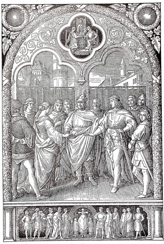 Engagement of Kriemhild to Siegfried, legend of the Nibelungs, illustration, reproduction from a model from the 19th century. Authentic, file restored for optimal use, exact date of submission unknown, historical
