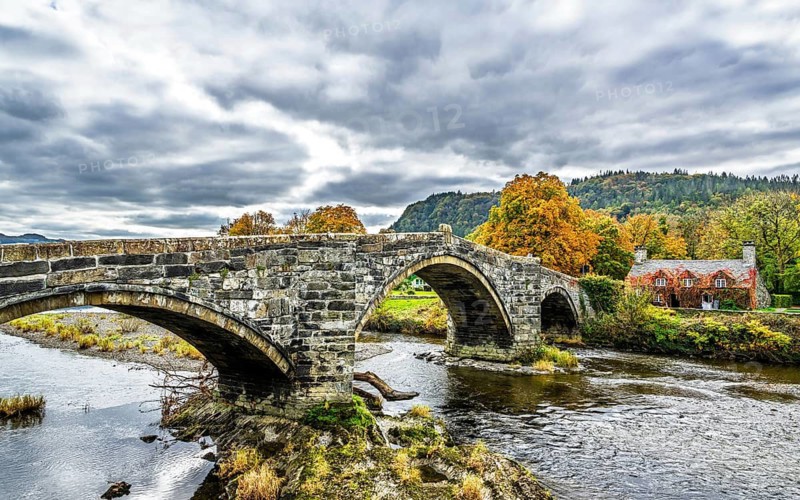 Autumn colors over Llanrwst, River Conwy, Conwy County Borough, Wales, UK