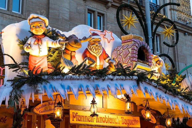 Detailed decoration on the stalls of the Striezelmarkt Christmas market, Dresden, Saxony, Germany