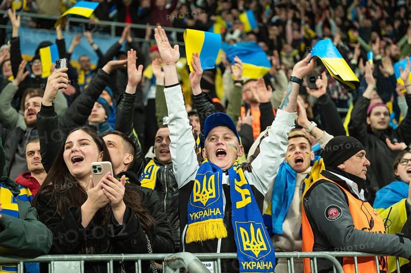 WROCLAW, POLAND - MARCH 26, 2024: Qualifications for UEFA Euro 2024. Final play-off match Ukraine - Iceland 2:1. Supporters of Ukraine.